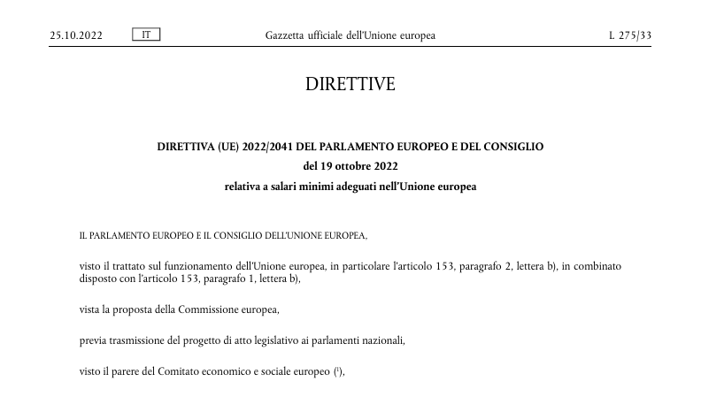 Recepimento della direttiva europea sui salari minimi adeguati: stato dell’arte in Italia e EU